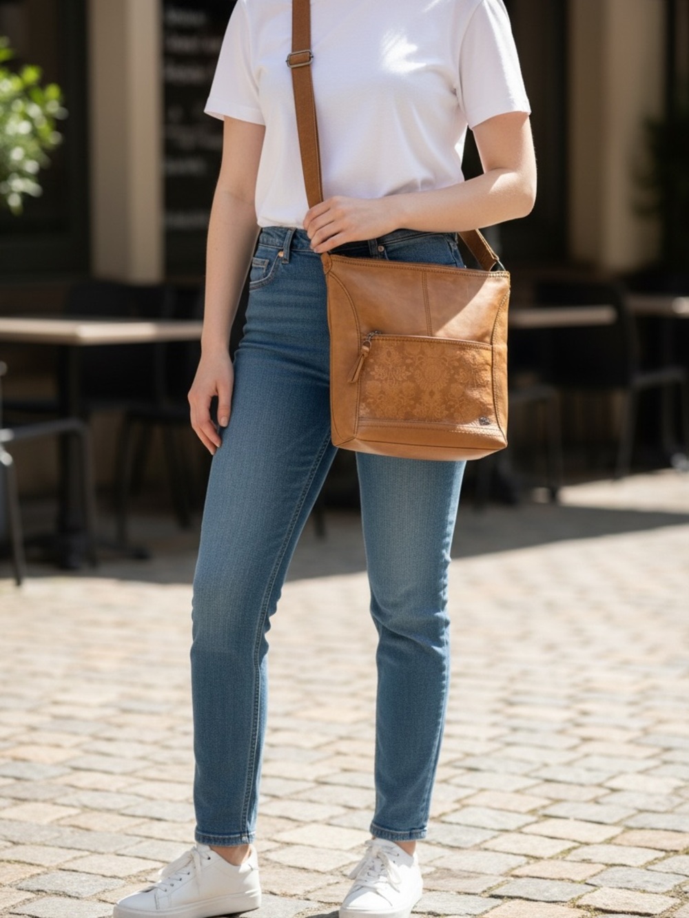 The Sak Embossed Floral Leather Crossbody Bag Cognac Brown Adjustable Strap